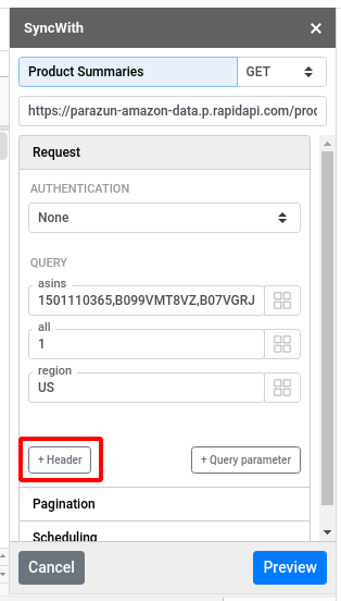 Click + Header button